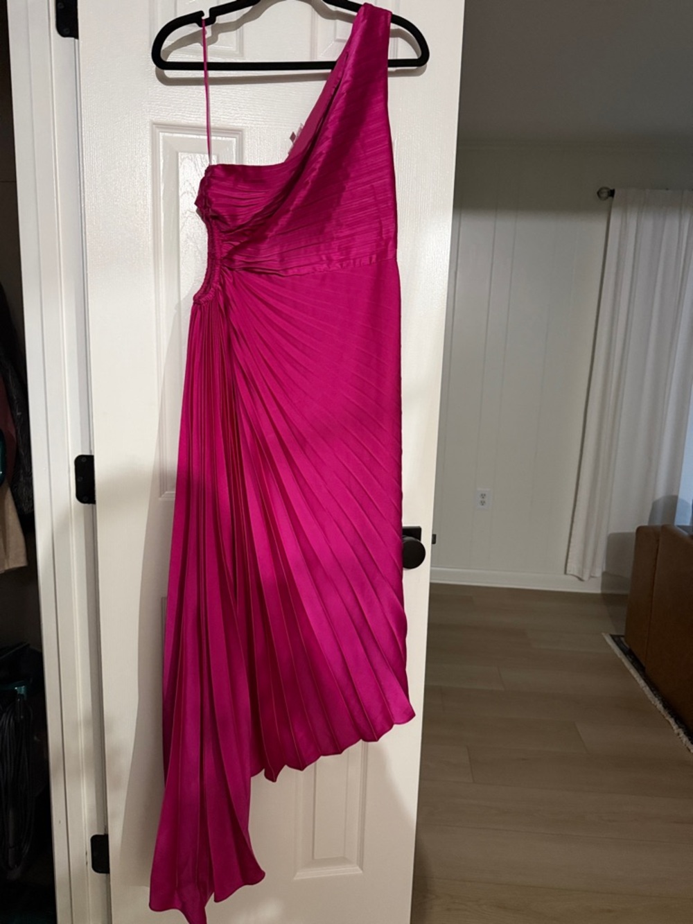 One-Shoulder Fuchsia Pleated Midi Dress